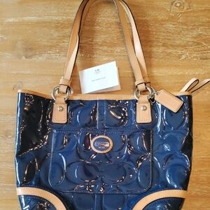 Coach Blue and Tan Glossy Tote Bag